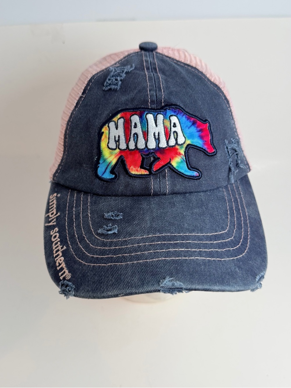 Simply Southern Navy Denim & Pink Mesh 'MAMA' Tie-Dye Bear Kids Hat